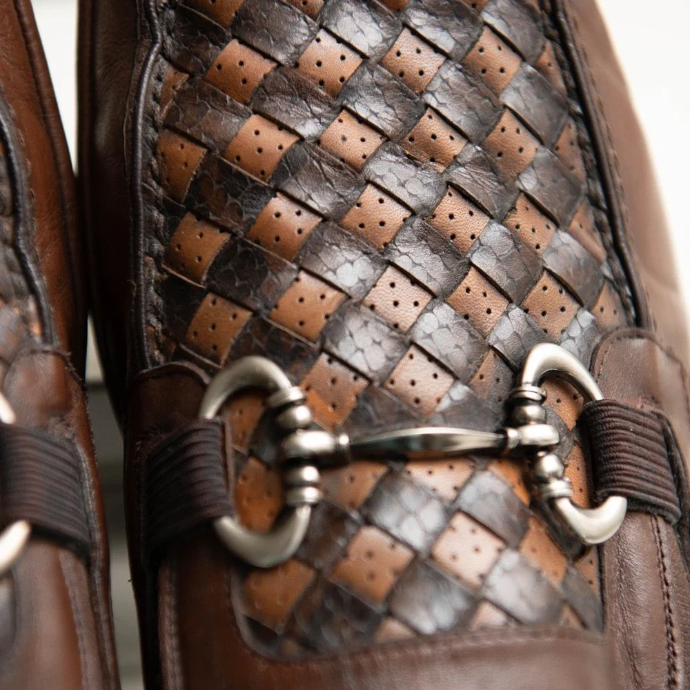 Mezlan Designer‎ Dress Shoes Sz 13 Brown Woven Leather Bit Loafers $475 Luxury